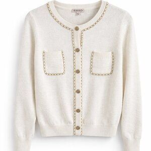 Nanette Lepore White Knit Sweater Cardigan Gold Button Chain Trim Size M